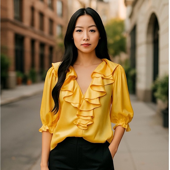 Ralph Lauren Purple Label Vintage 100% Silk Yellow Short Sleeve Ruffled Blouse,S - Picture 1 of 11